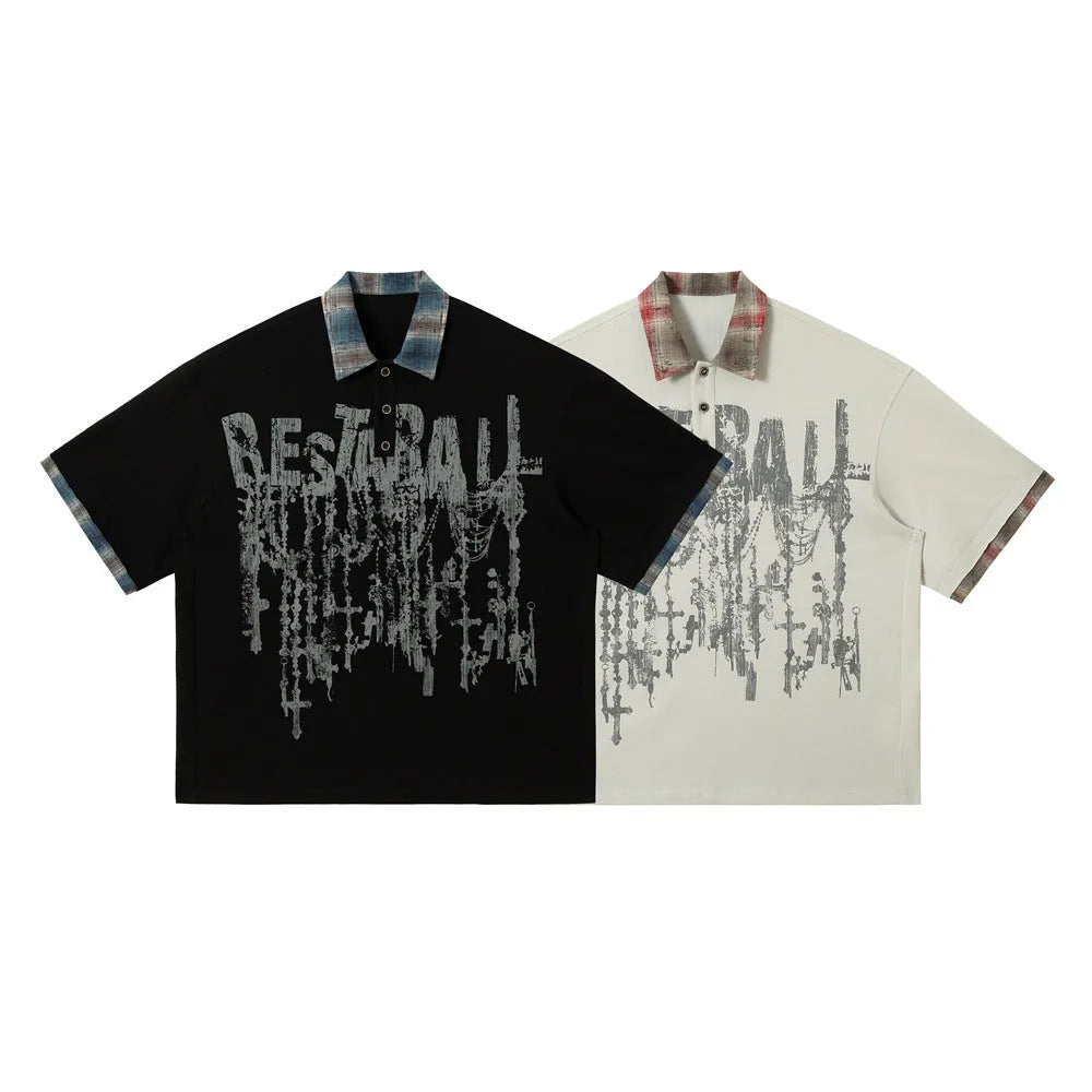Men's loose asymmetric short-sleeved top with graffiti print on lapels in residual blue colour