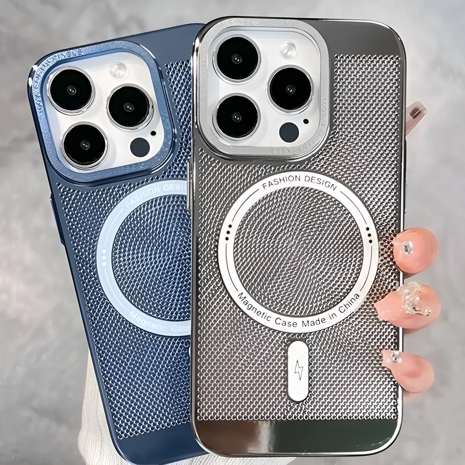 Electroplated magnetic iPhone case in black showing MagSafe compatibility and protective design