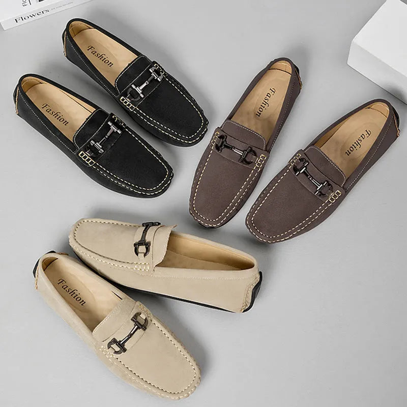 Men's casual leather slip-on loafers in beige with round toe and rubber sole