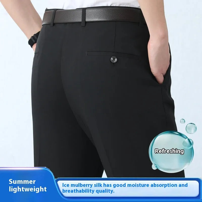 Men's straight-leg business trousers in mulberry silk blend with high-waist design
