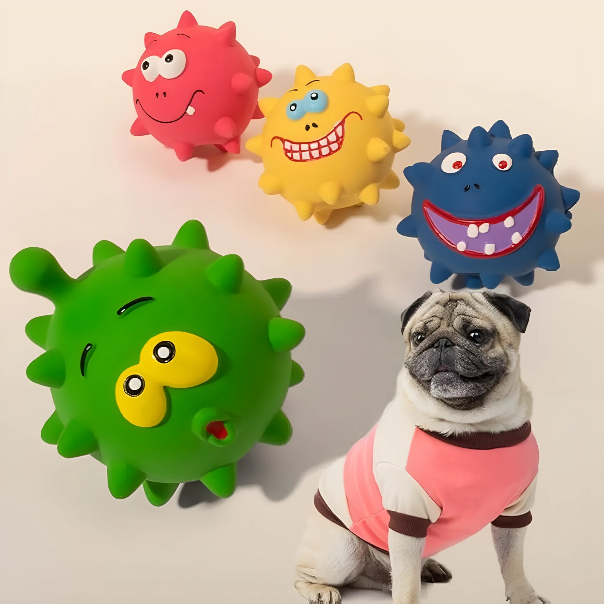 Set of four coloured latex squeaky dog balls with cute faces, shown next to a dog.