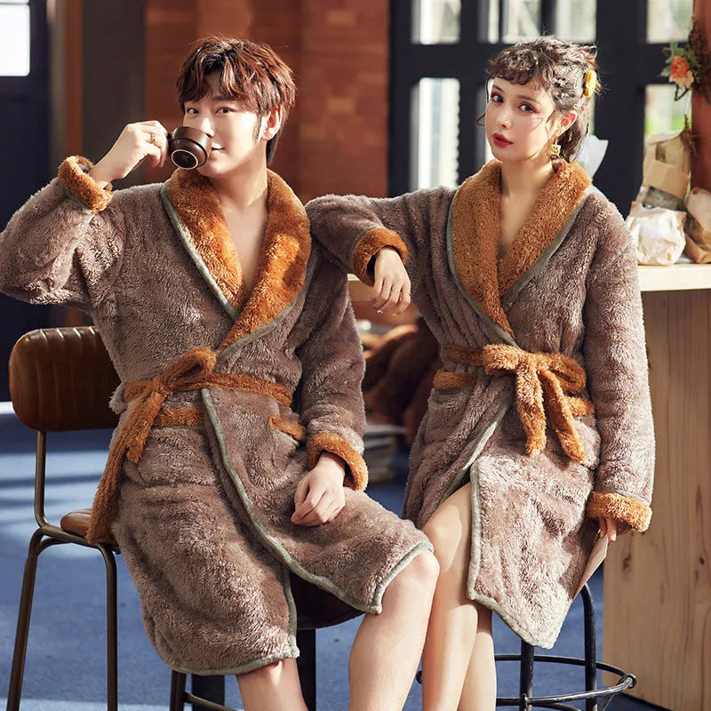 Lovers pajamas winter thickening velvet three-layer quilted coral velvet women nightgown set with lapel collar and long sleeves