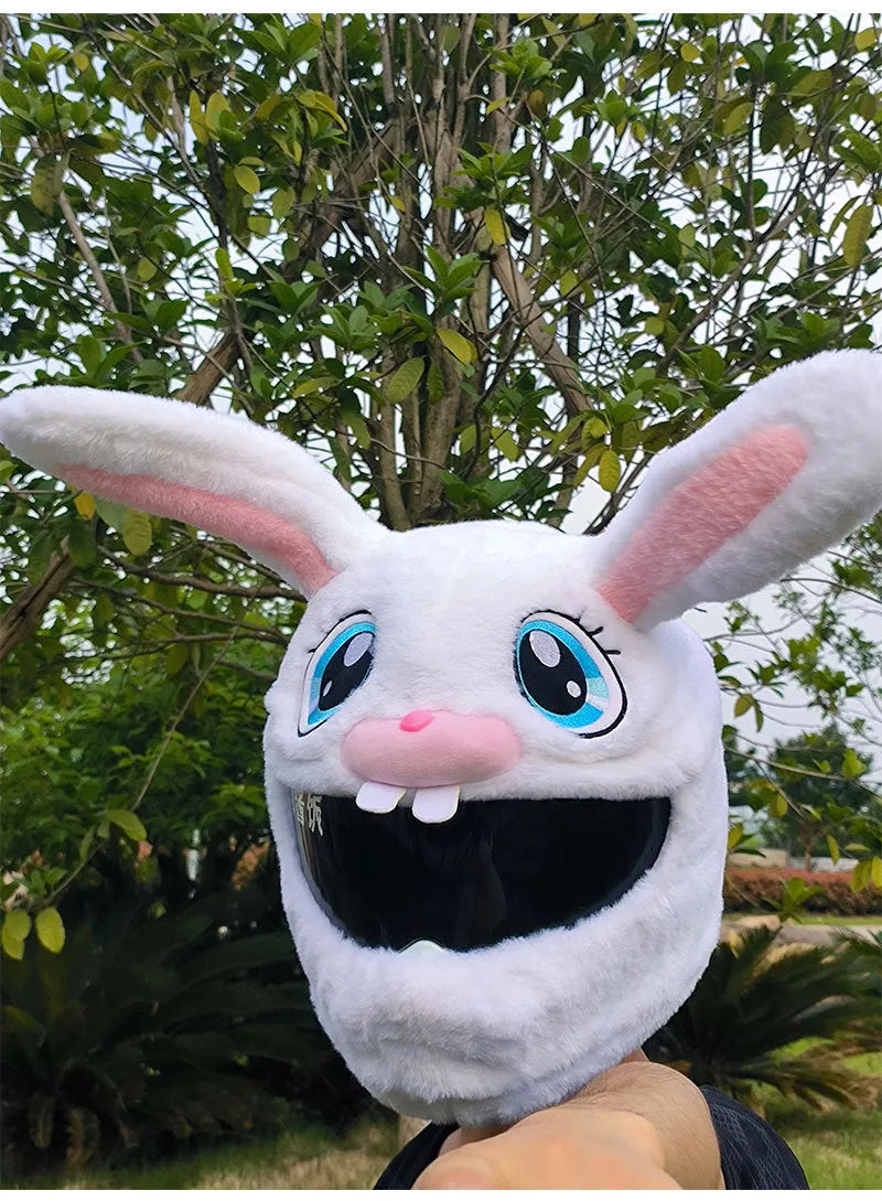 White decorative rabbit head cover for an electric motorcycle helmet with long ears and plush lining.