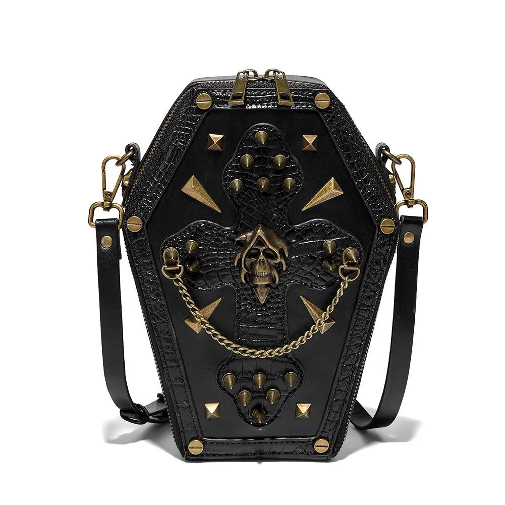 Mens structured PU leather messenger bag in shell shape with 3D pockets, shown in a dark colour.