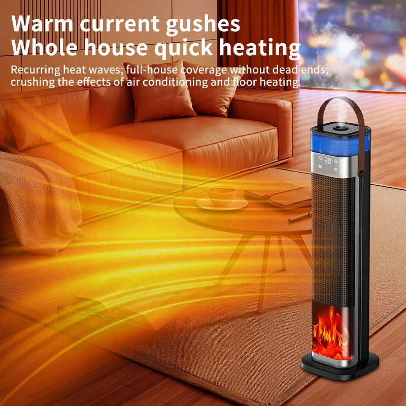 Slender vertical ceramic heater with humidifier and voice control, shown with remote.