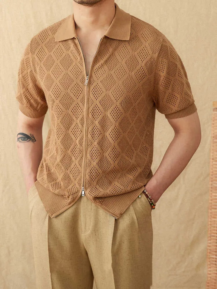 Casual cotton cardigan with front zipper, short sleeves, and lapel collar in light brown colour
