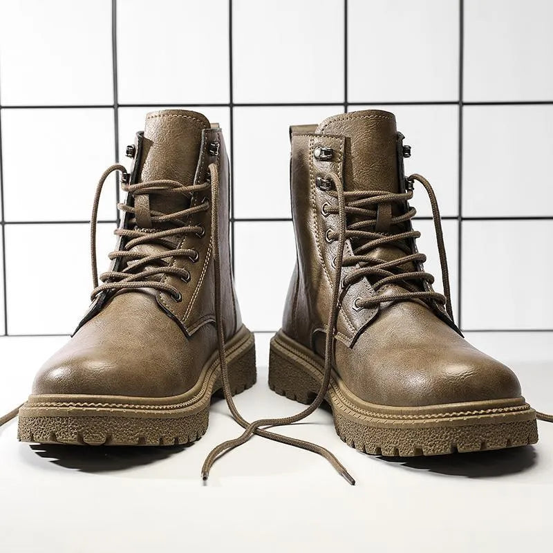 High-top winter hiking boots in black with thick bottom, PU upper, leather stitching, round toe, and front lace-up closure