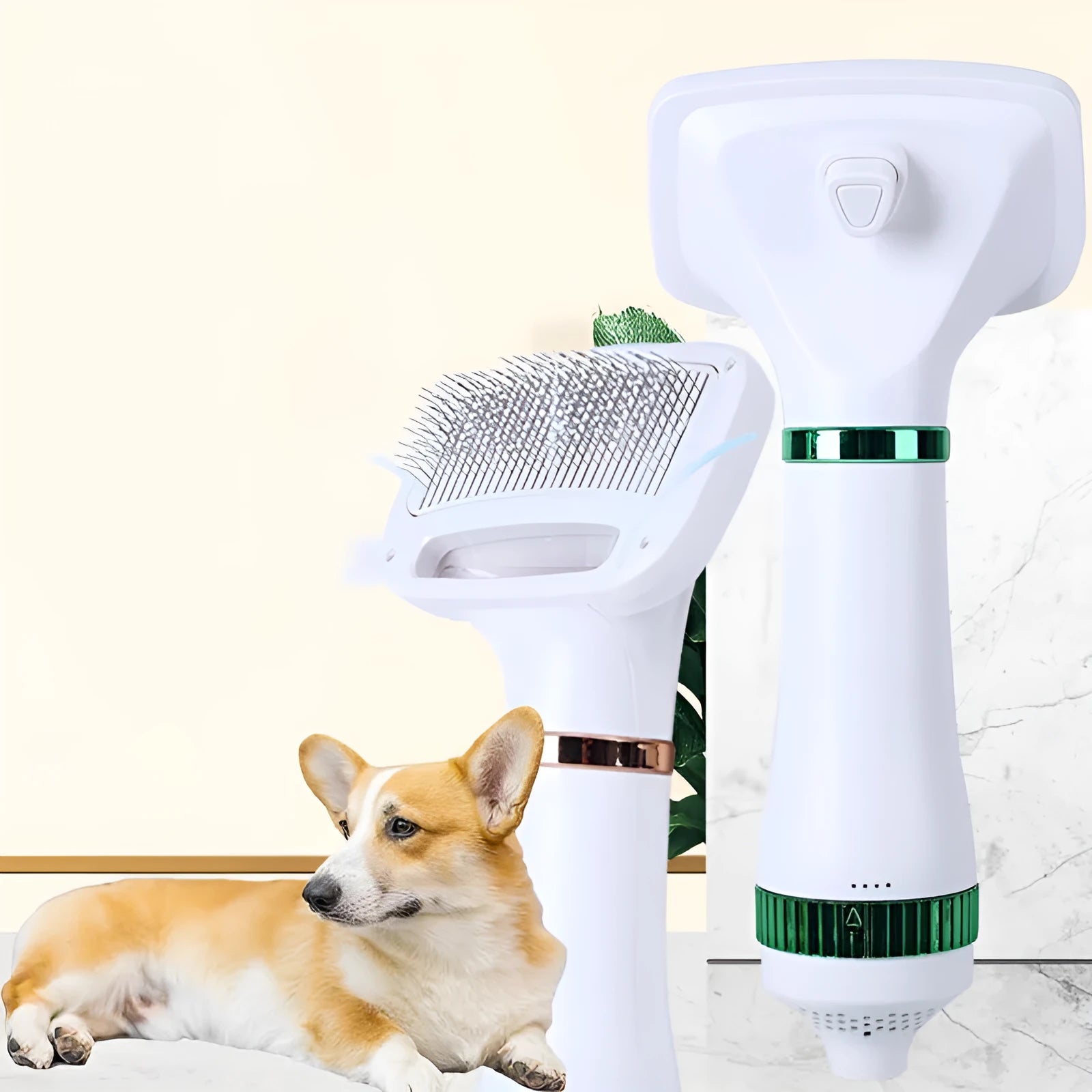 Second generation pet hair dryer with integrated hot air comb in platinum or white green.