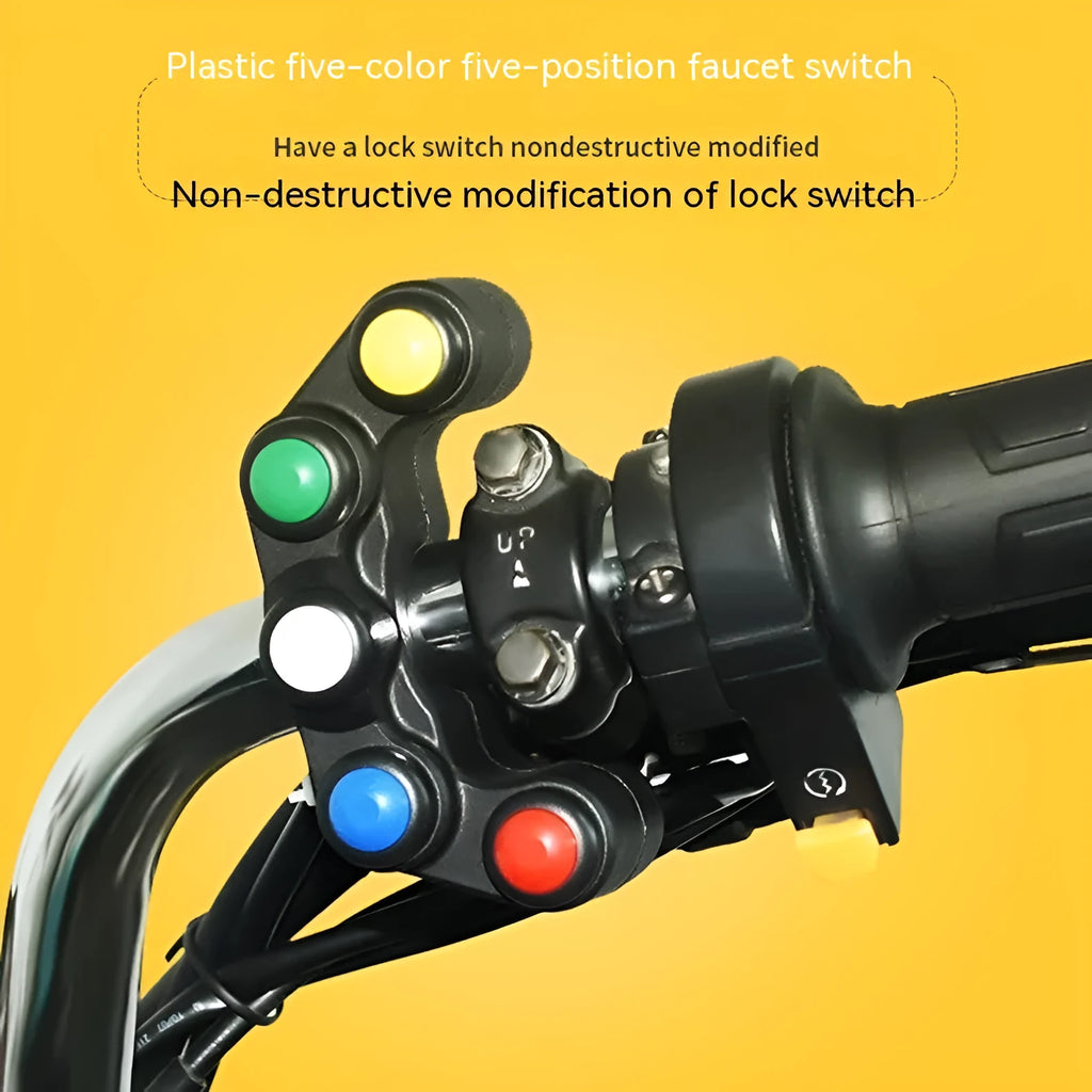 Plastic five-position rocker switch with coloured button, 52cm cable, and mounting bracket for vehicle accessory control.