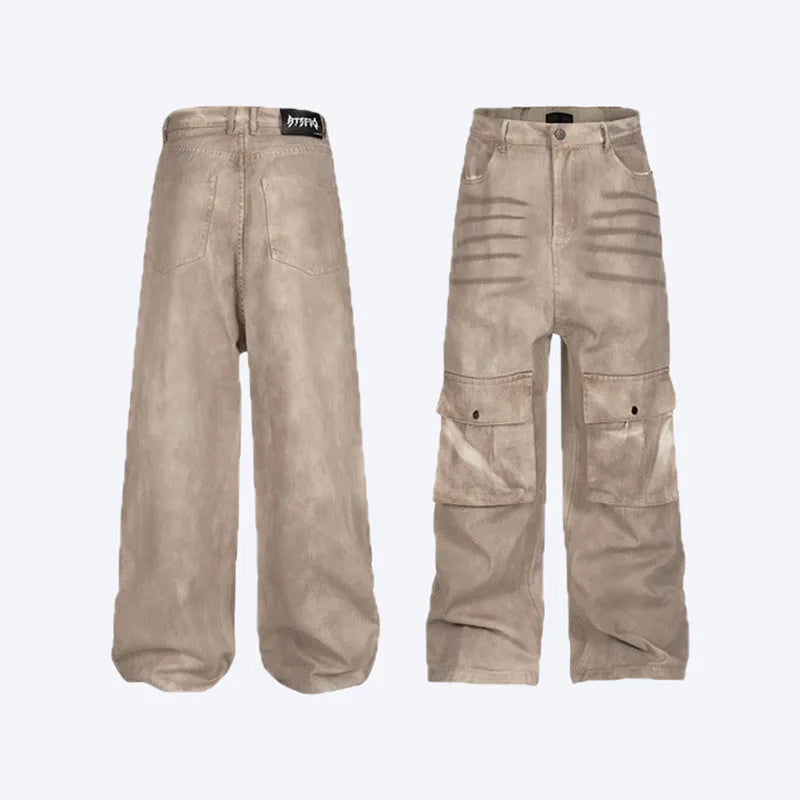 Marble dark pure cotton denim casual pants with a loose A-line fit and straight legs.