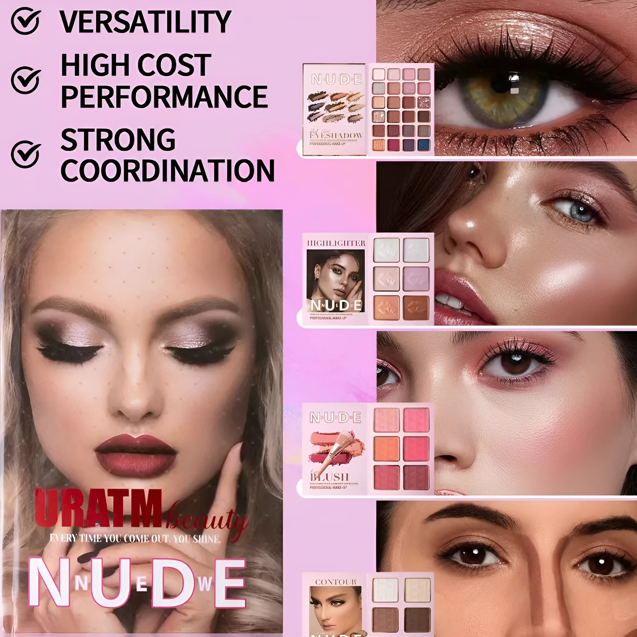 Multifunctional eye shadow plate with matte and shimmer finishes, blush, and highlight in a compact palette, colour U137A