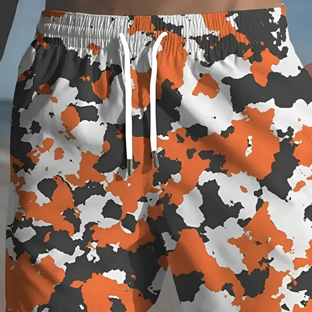 Men's polyester beach shorts in multiple colours with streetwear print design.