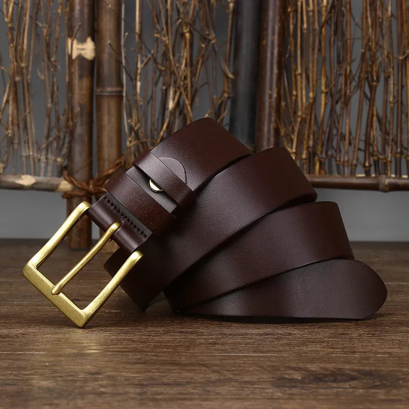 Men's genuine leather pin buckle belt in brown with copper buckle on white background