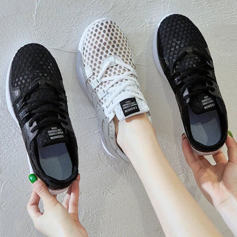 Casual low-top mesh sneakers with hollow breathable design in black and white colour options