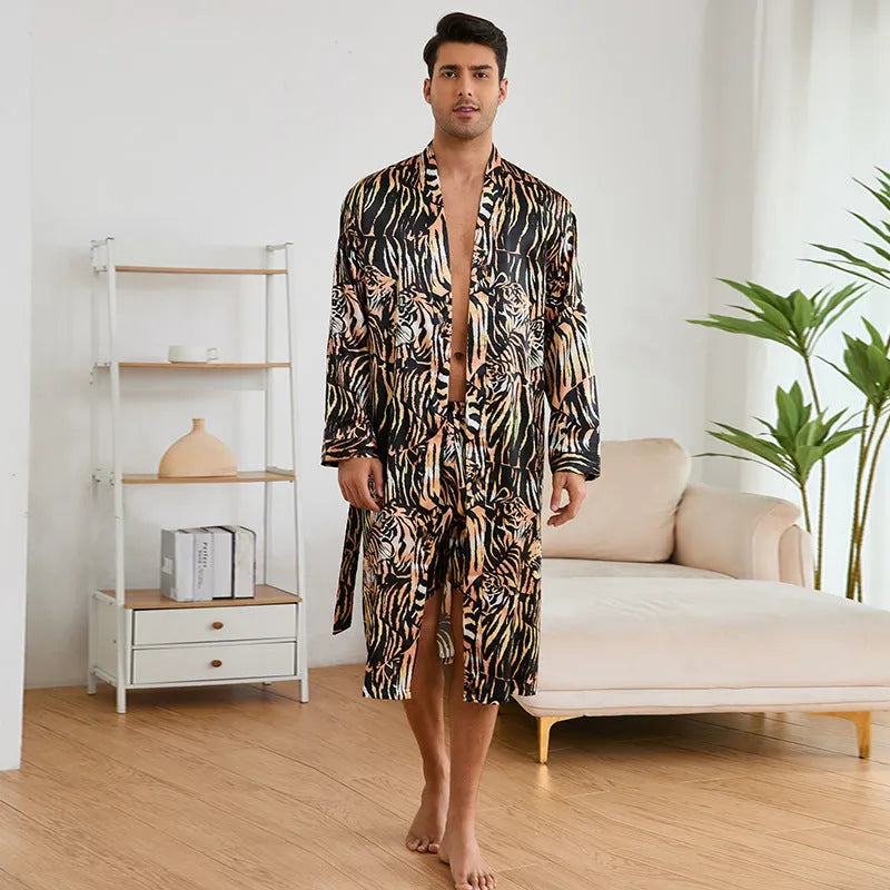 Men's tiger print bathrobe and matching shorts set in ultra-thin fabric