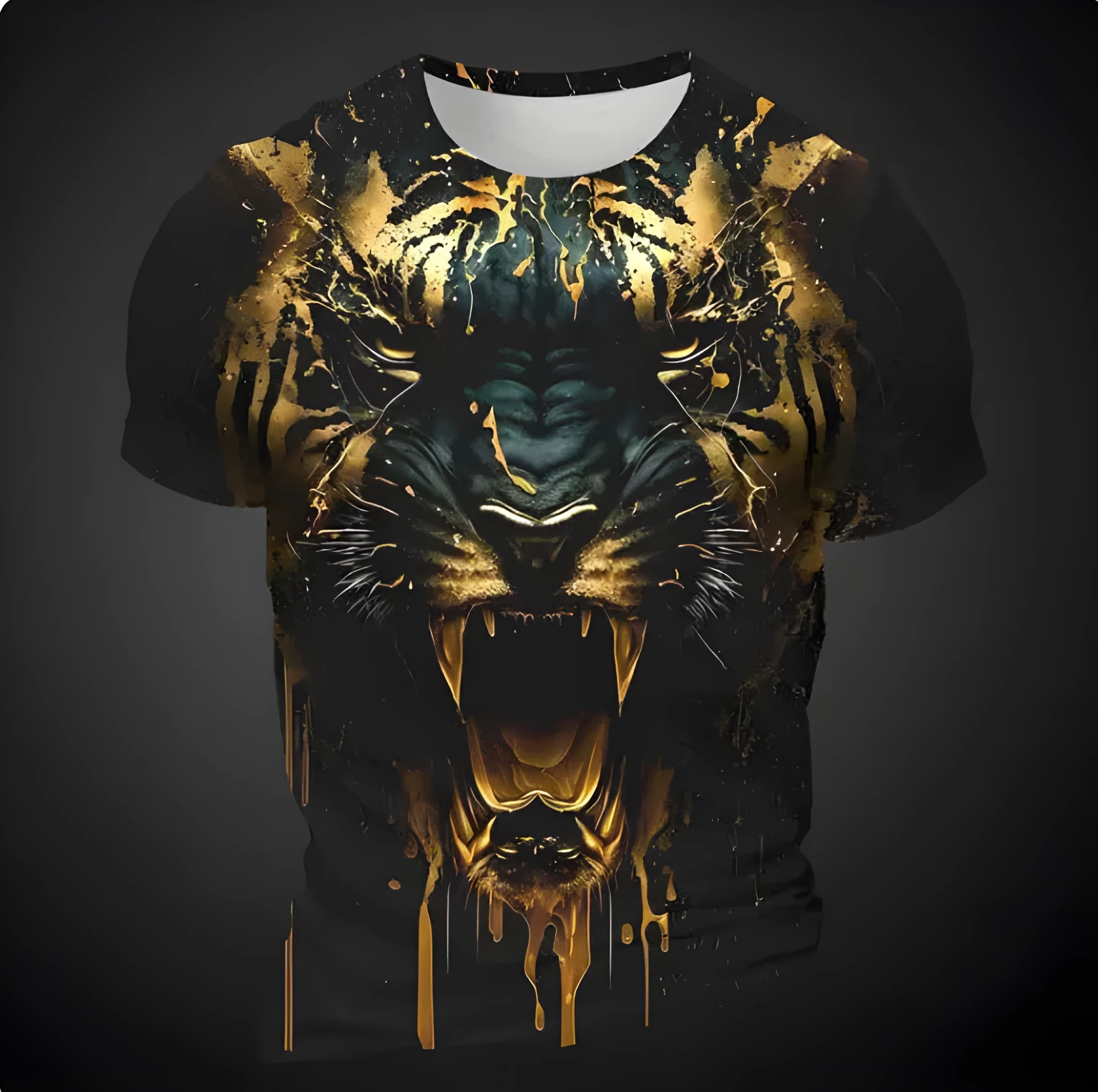 Men's short sleeve T-shirt showing detailed 3D tiger pattern digital printed on light grey bird eye polyester fabric