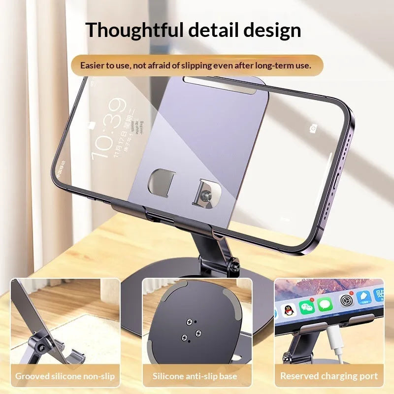 Desktop folding aluminium alloy phone stand in gun gray with rotatable head