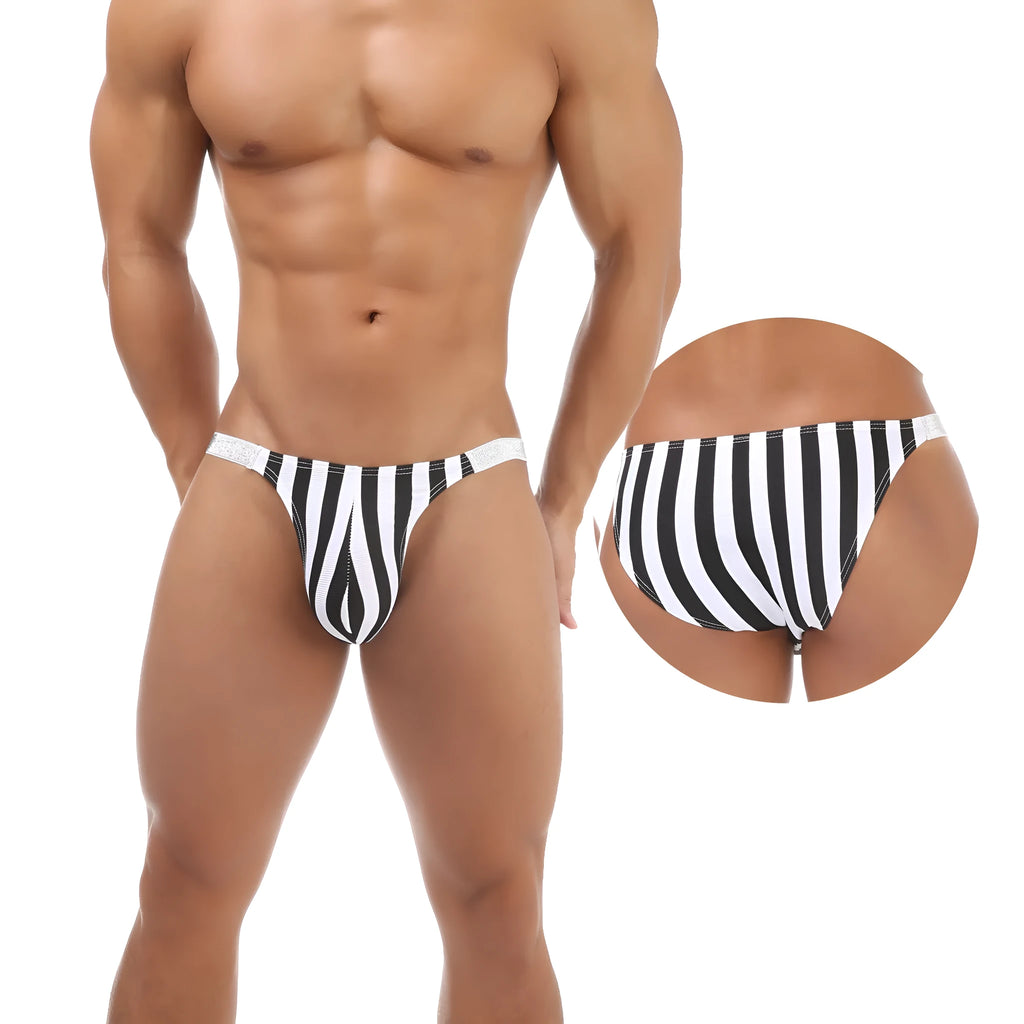 Men's zebra striped briefs with shiny belt detailing and low waist design in knitted nylon fabric