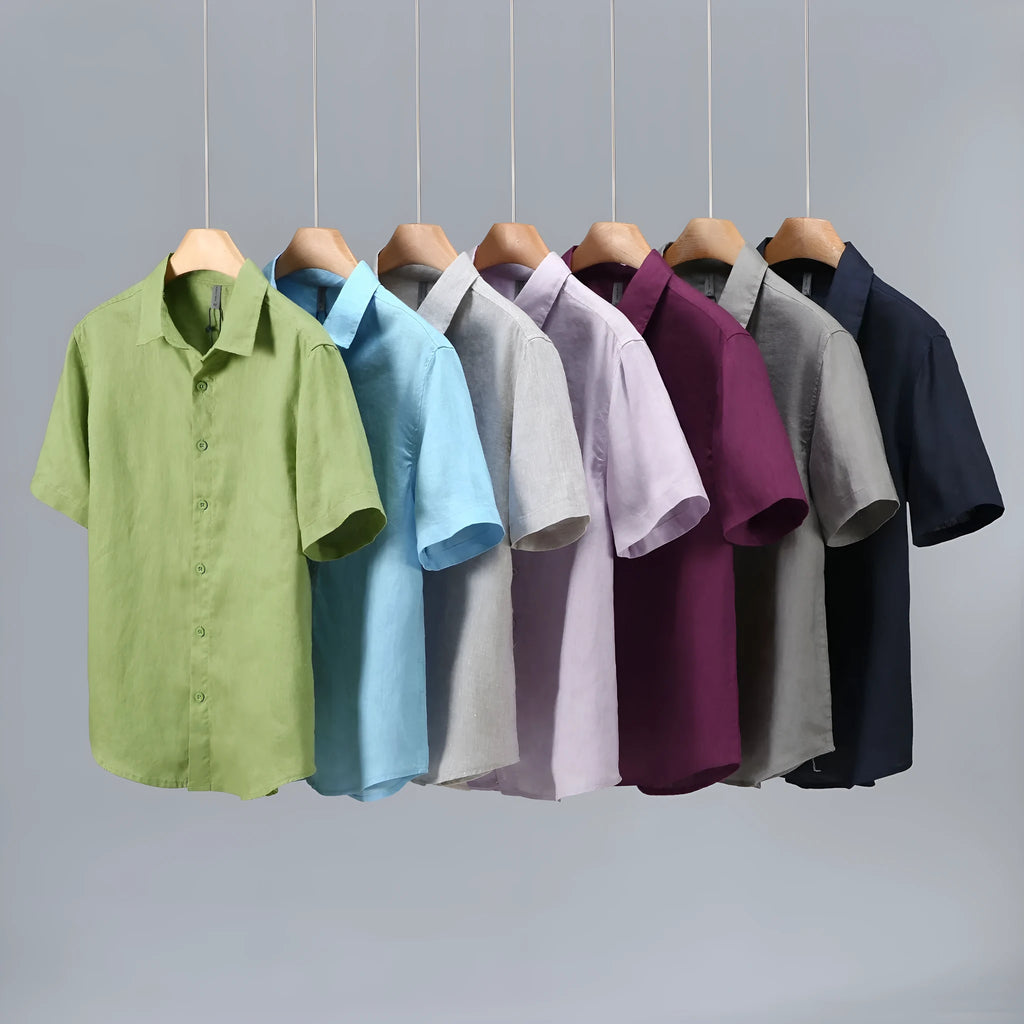 Men's linen short-sleeved shirt in cardigan style showing colour options