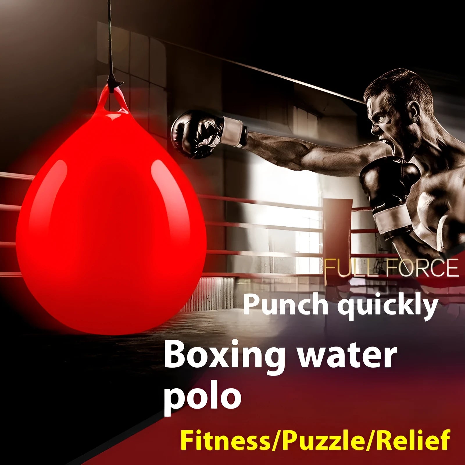 Red water-filled boxing reaction ball with hook rope attachment for martial arts training