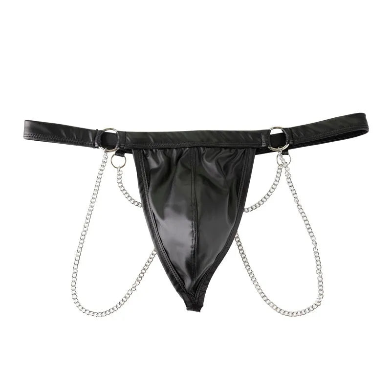 Black men's patent leather thong underwear with metallic chain detailing