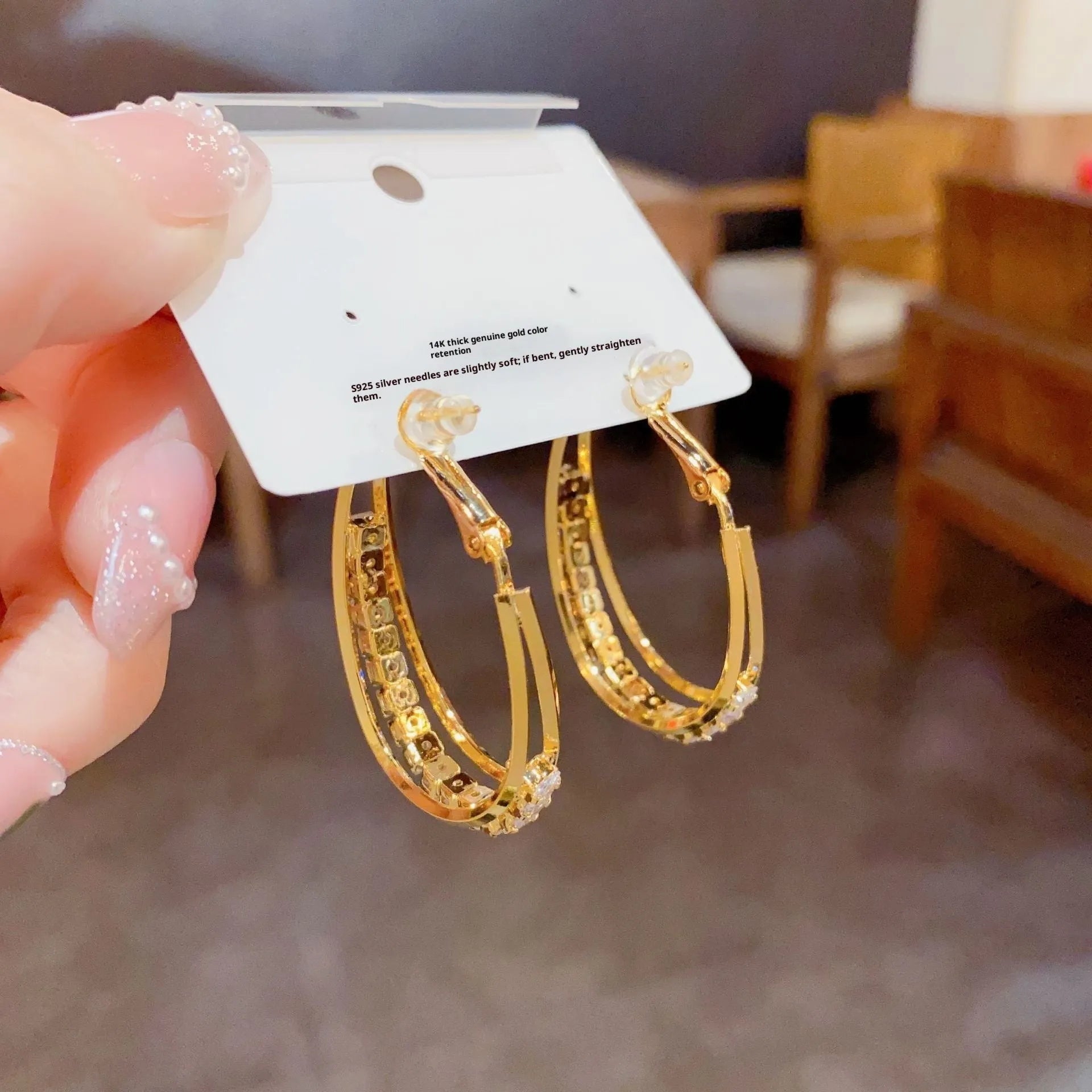 Thick gold plated copper zircon oval ear ring for women with geometric shape and round popular element