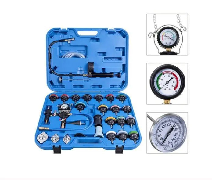 28-piece automotive radiator pressure tester kit with vacuum purge and refill equipment