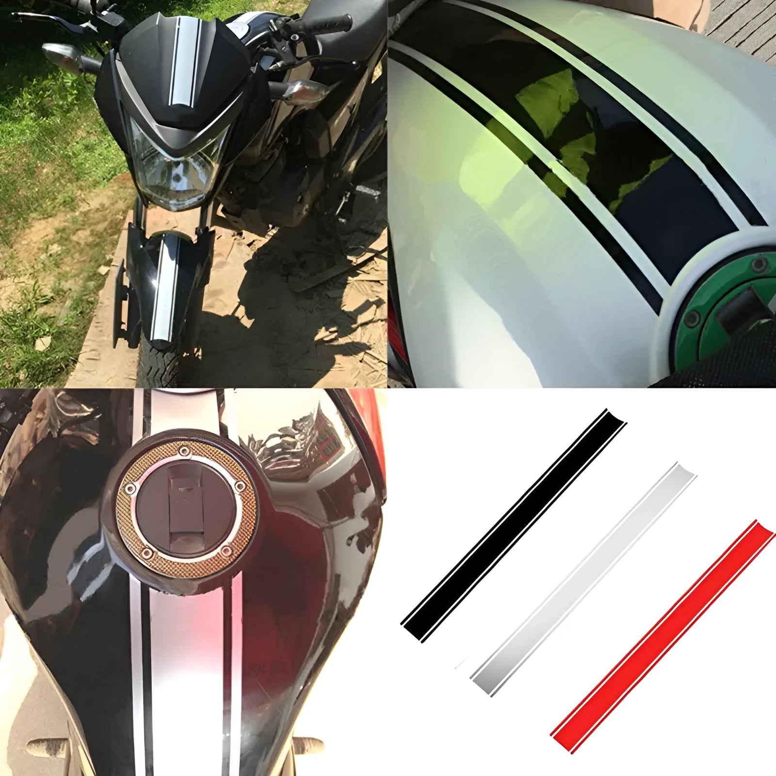 Motorcycle gas tank pinstripe sticker measuring 50cm long by 4.5cm wide in reflective PET vinyl
