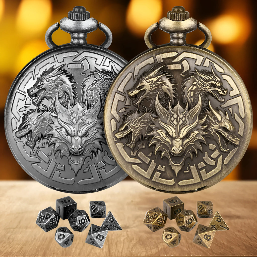 Retro pocket watch shaped zinc alloy dice set with seven polyhedral dice in bronze finish