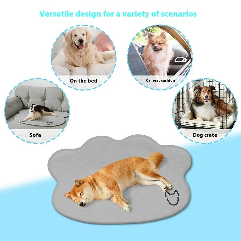 Light grey dog head shaped ice silk cooling mat for pets on a wooden floor.