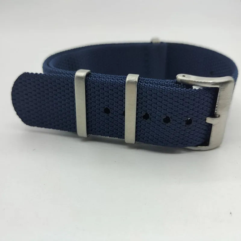 Nylon integrated replacement watch strap in five colours: black, grey, blue, khaki, and green.