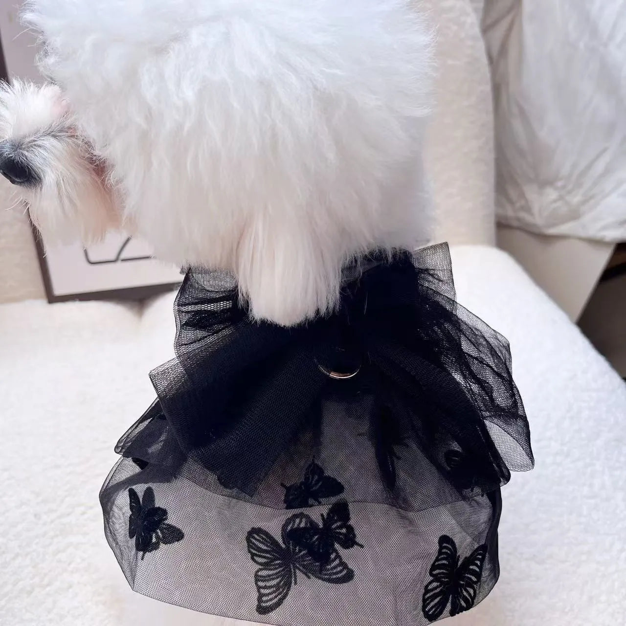 Black tulle princess skirt for a small dog or cat on a mannequin.