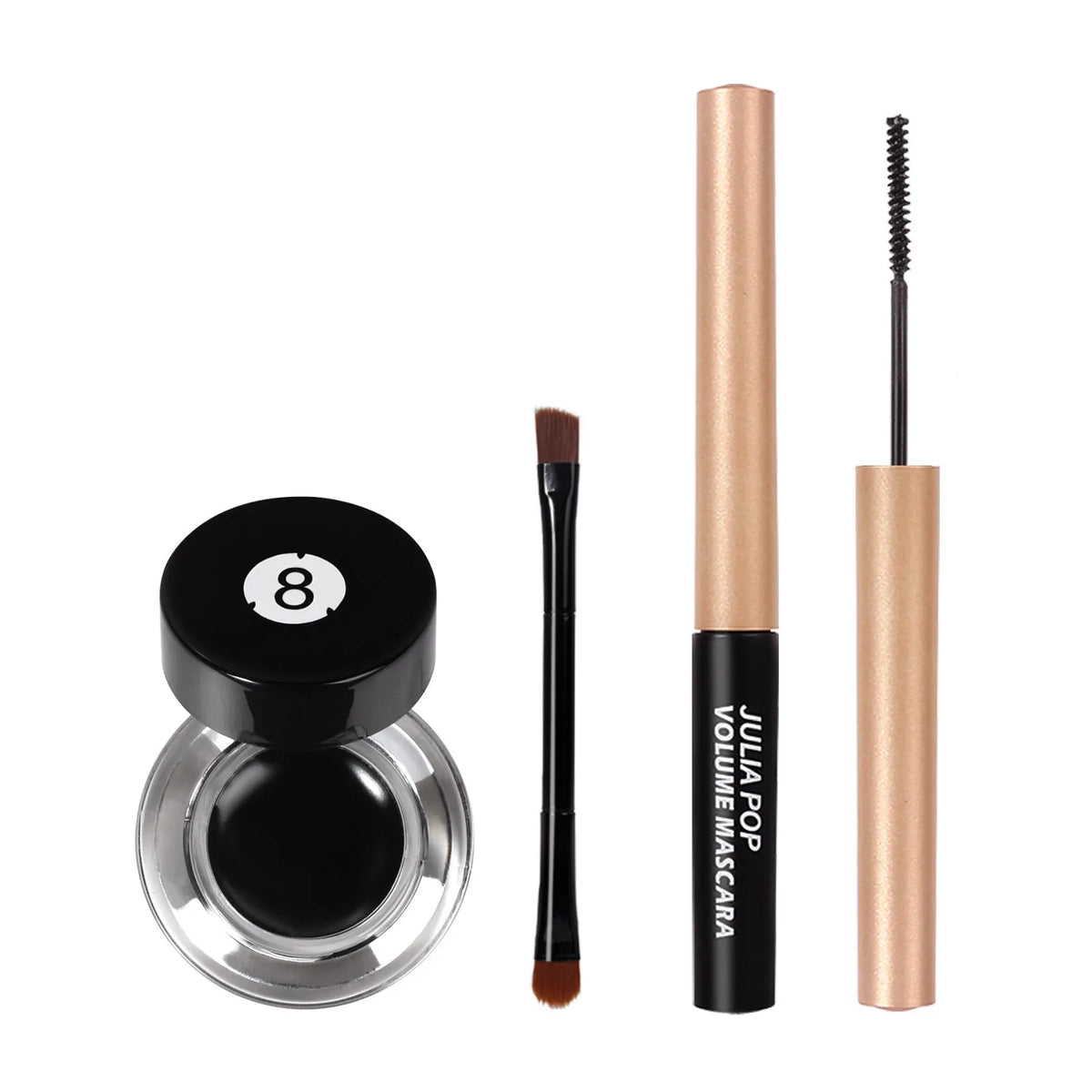 Eyeliner makeup set with mascara, eyeliner, and brush in black or brown, smudge-free and waterproof.
