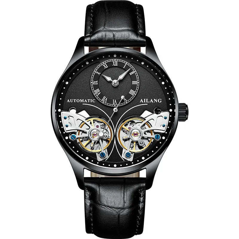 Men's automatic watch with tourbillon and moon phase on a metal case with a black dial.