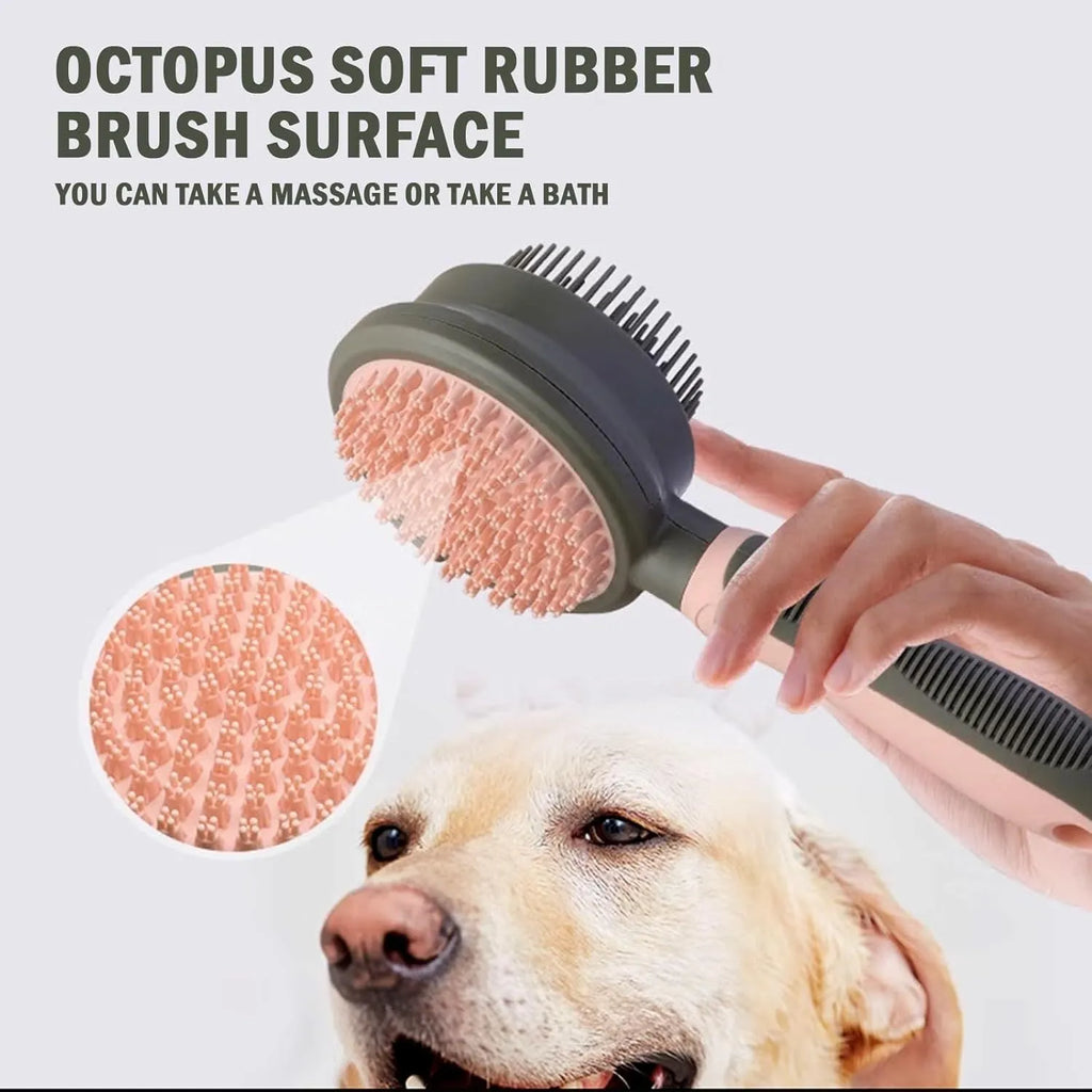 Green and pink double-sided cat grooming brush with release button and flea comb