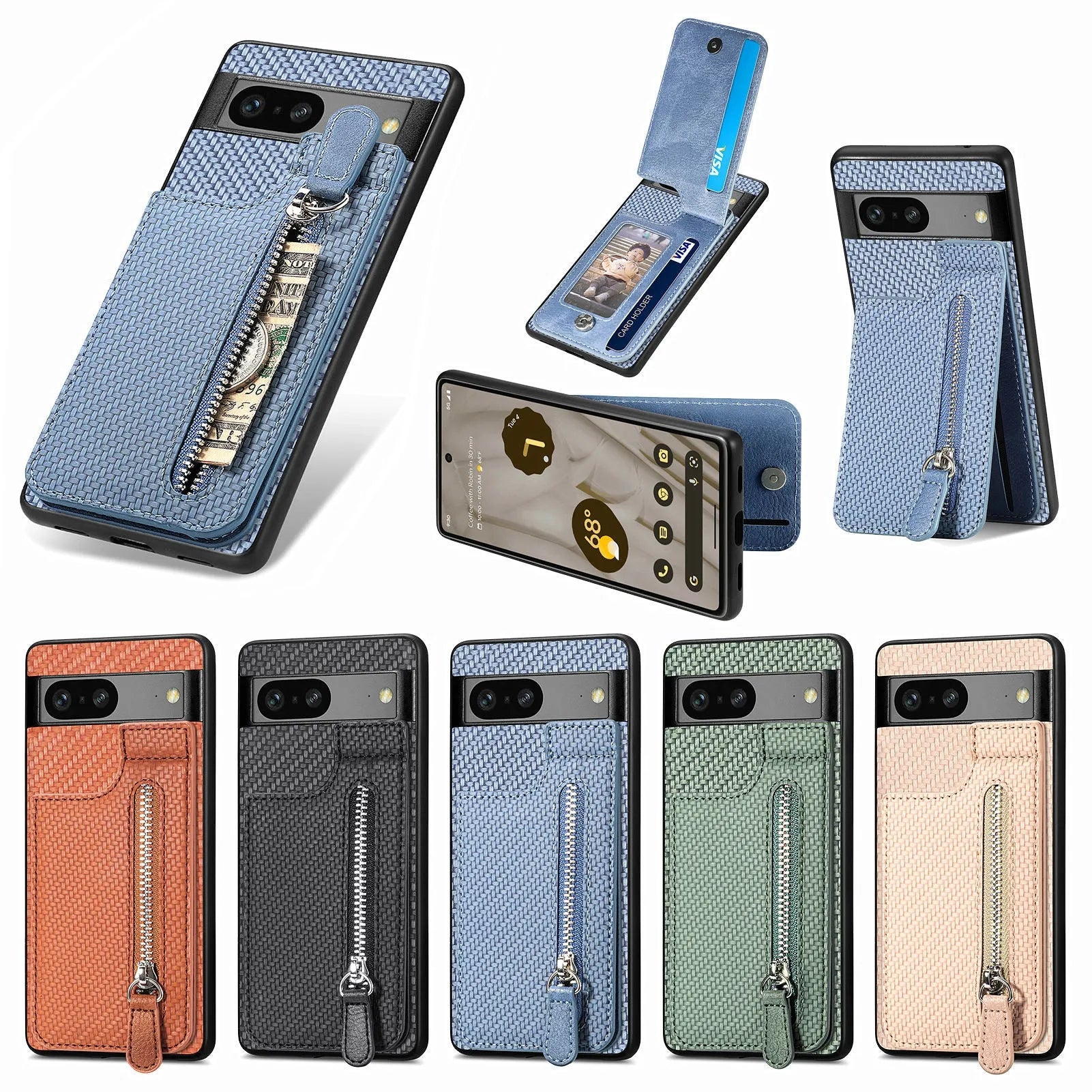 Multi-function TPU PU phone case with zipper card holder for Google Pixel, available in five colours black apricot green blue brown