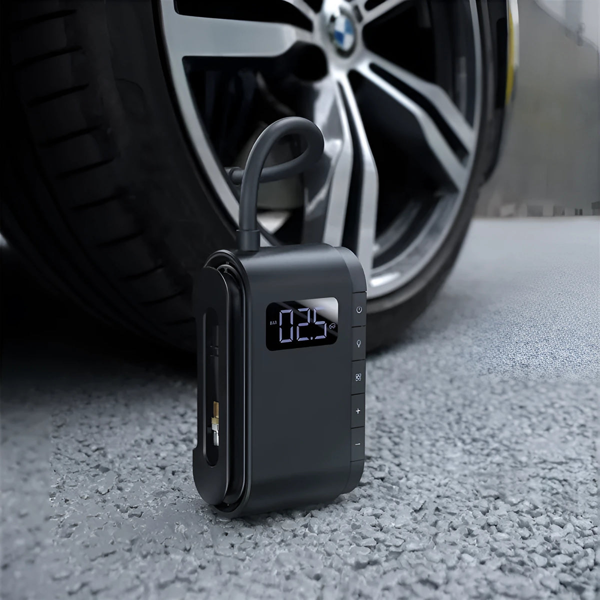Black car emergency tyre inflator with digital LED display and 26.5cm tube