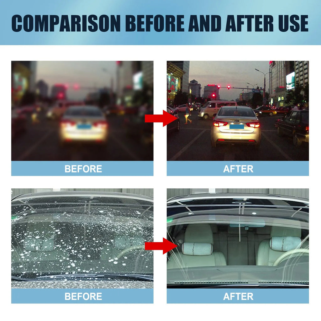 Blue car glass oil film remover bottle and soft sponge applicator for cleaning windscreens