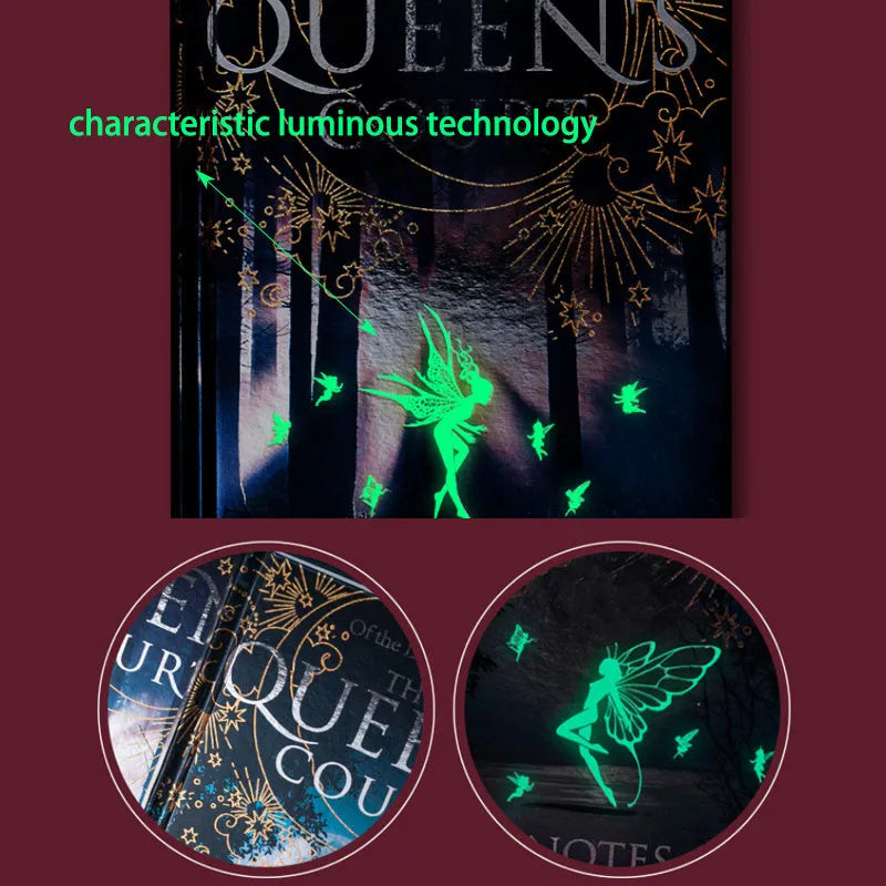 Blue A5 hardcover notebook with luminous fluorescent cover, open to show full-colour illustrated pages.
