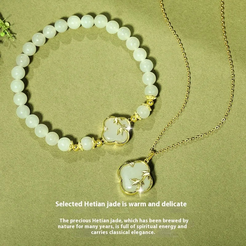 Hetian jade bracelet and necklace set with silver leaf inlay in national style design