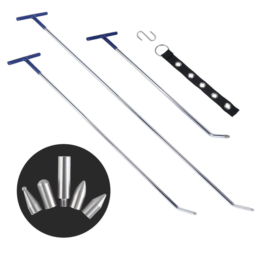 Three-piece alloy steel car dent repair tool set with hooks and crowbars on a workshop surface.