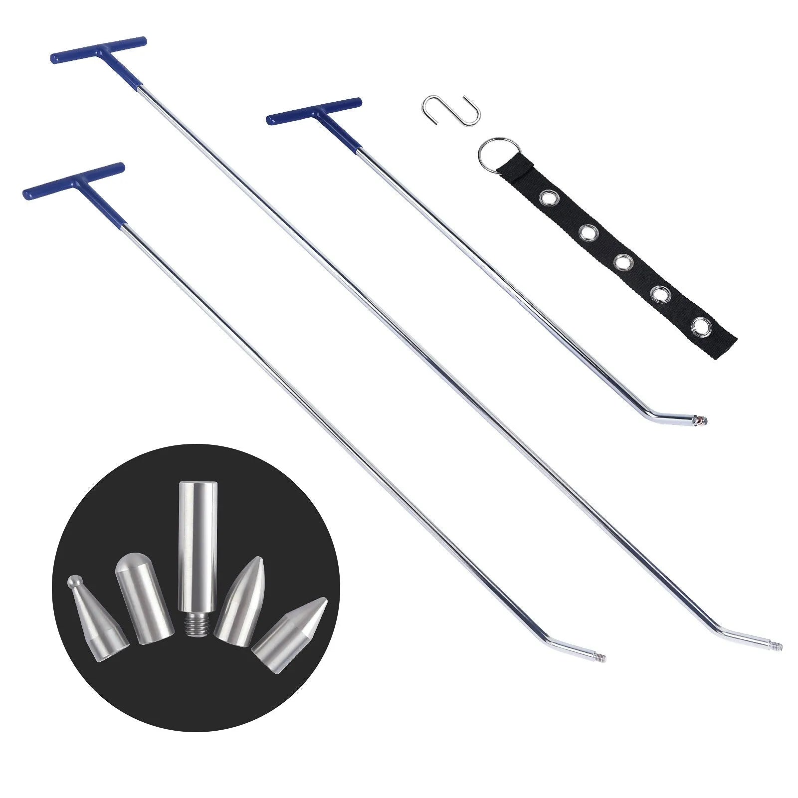 Three-piece alloy steel car dent repair tool set with hooks and crowbars on a workshop surface.