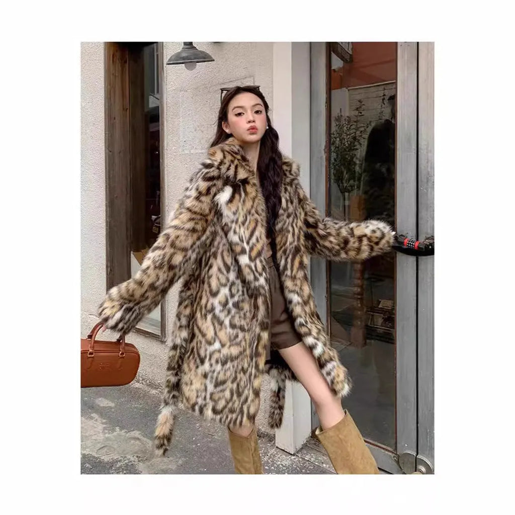 Faux fur fashion coat with fur collar in street style design showing long and medium length options