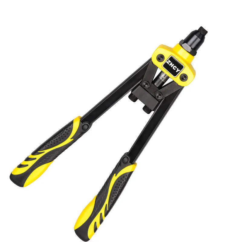 Yellow manual rivet gun with 13-inch handle and built-in tips for household riveting work