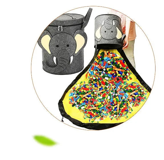 Green felt cube storage bag with pull rope handles that converts to toy play mat