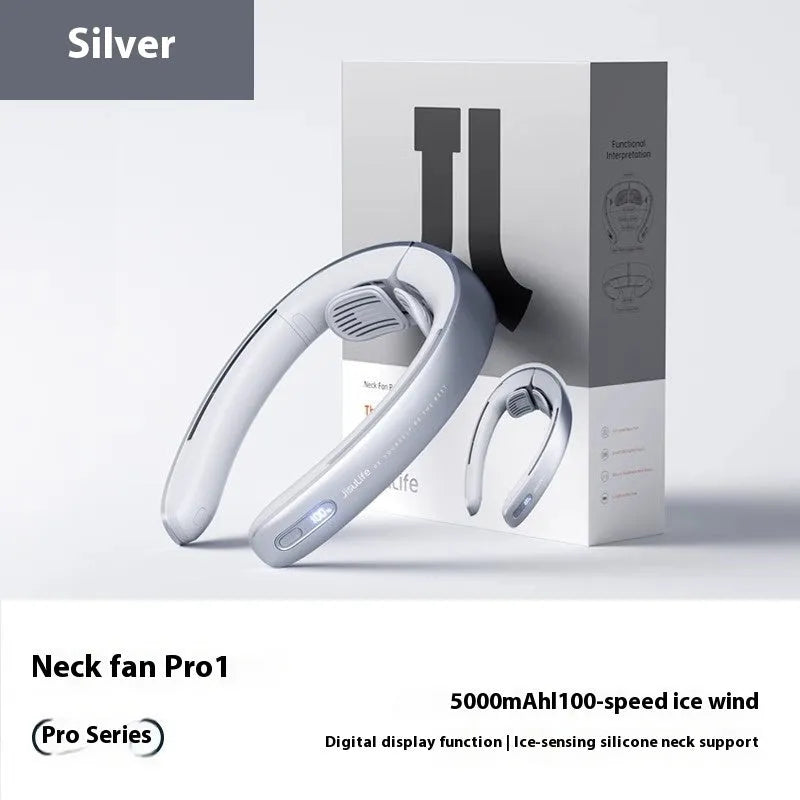 Silver grey hanging neck portable fan with no-blade design and USB charging cable