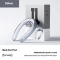 Silver grey hanging neck portable fan with no-blade design and USB charging cable