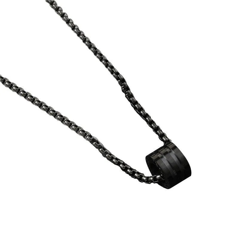Black titanium steel necklace with cylindrical ring buckle pendant and regular chain