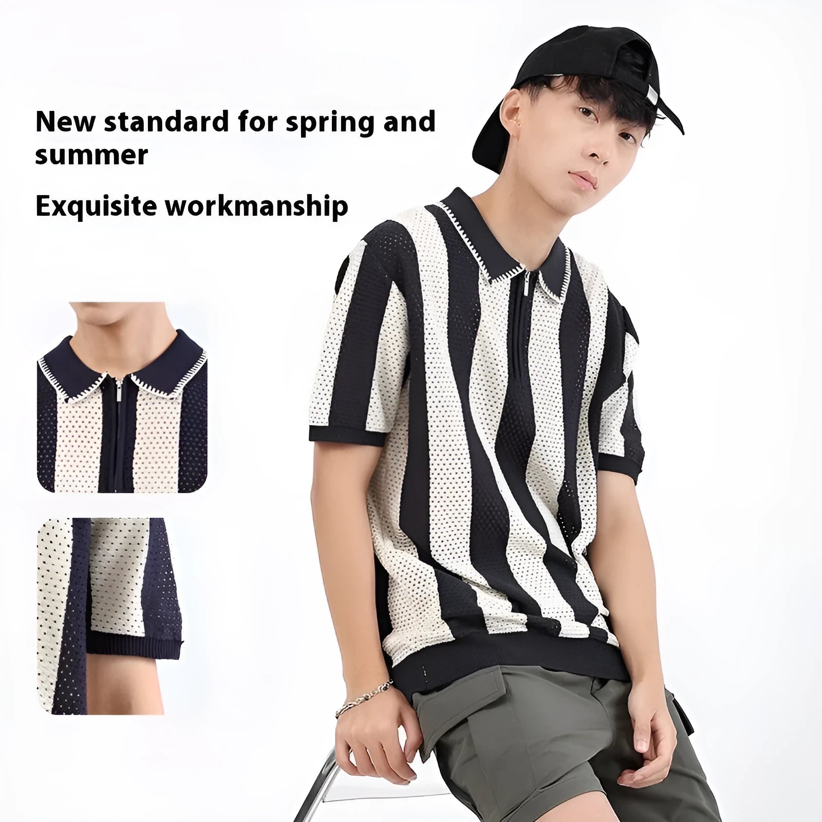 Man wearing a short sleeve striped ice silk viscose sweater with a decorative zip front.