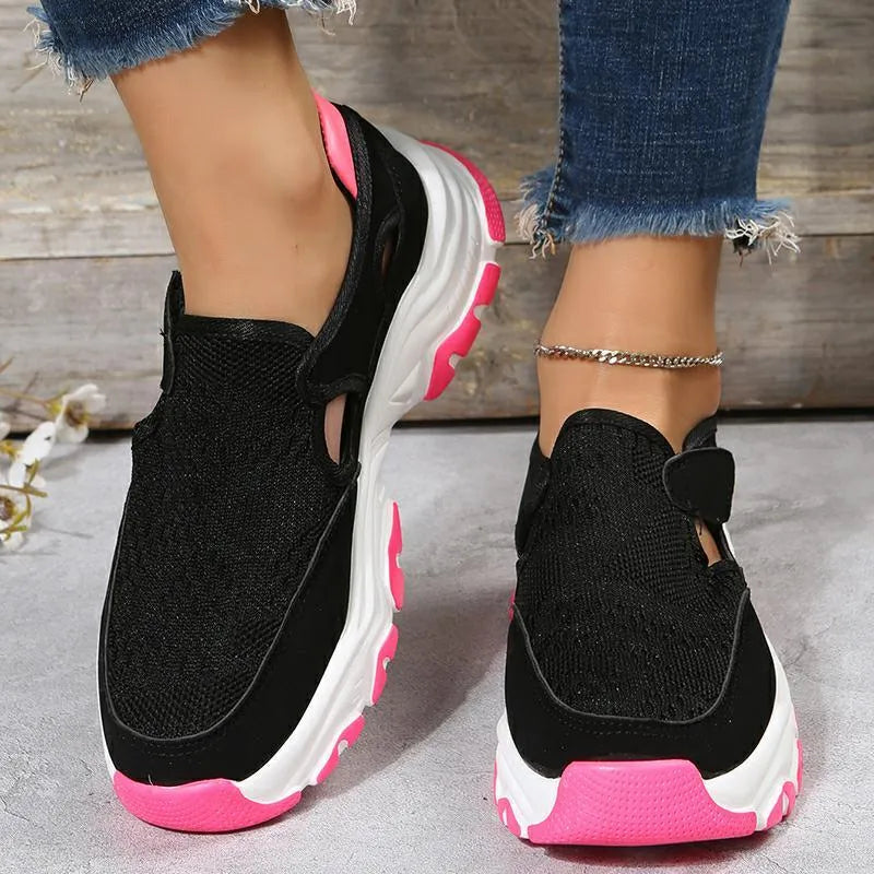 Women's mesh sport shoes with flat heel round toe Velcro closure in red black and blue colours